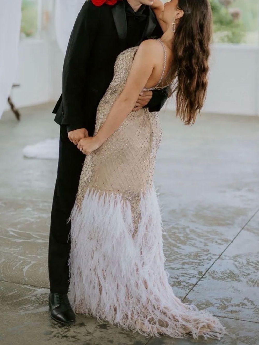 Beaded Champagne Evening Gown with Feather Hem - Picture 2 of 5